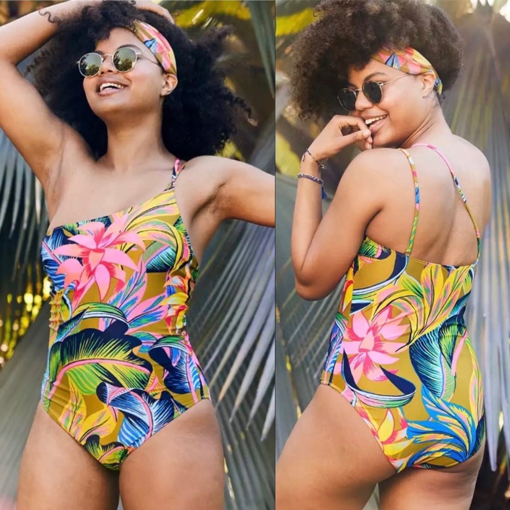 Aerie Womens Tropical Floral One‎ Shoulder One Piece Swimsuit Yellow Pink Medium